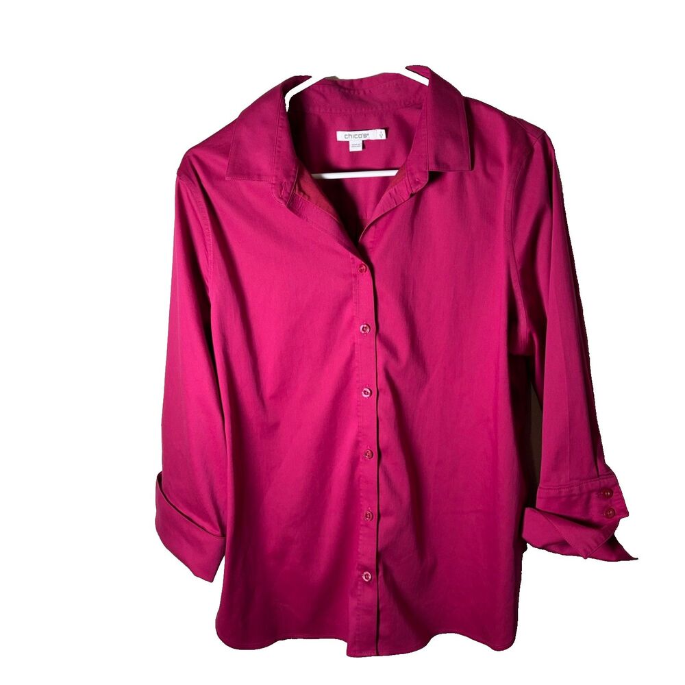 Chico's Shirt Women's 2 Berry Pink Button Up Collared 3/4 Sleeve 12 Large Top
